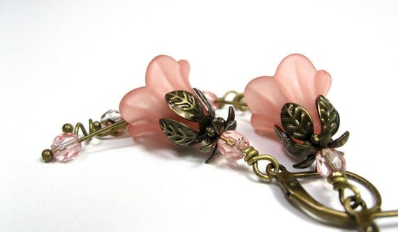 Coral, Handmade, Vintage Style, Flower Earrings