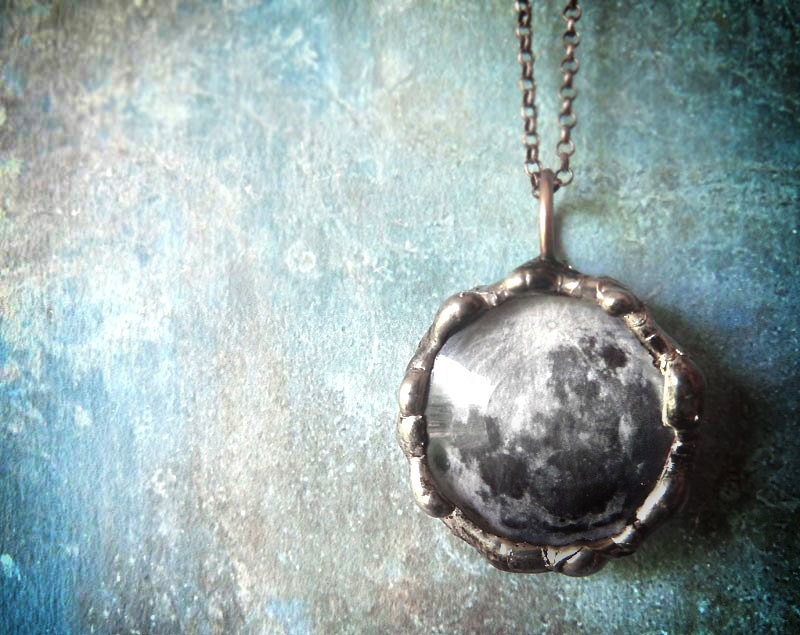 Full Moon Necklace - Small Glass Lens Pendant with Oxidized Sterling Silver Chain Double Sided