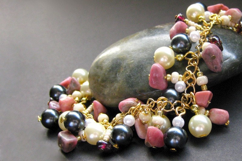 Pearl Charm Bracelet: Cluster Bracelet in Garnet Gemstone, Pink Rhodonite and Pearl Bracelet. Artisan Jewelry by Gilliauna