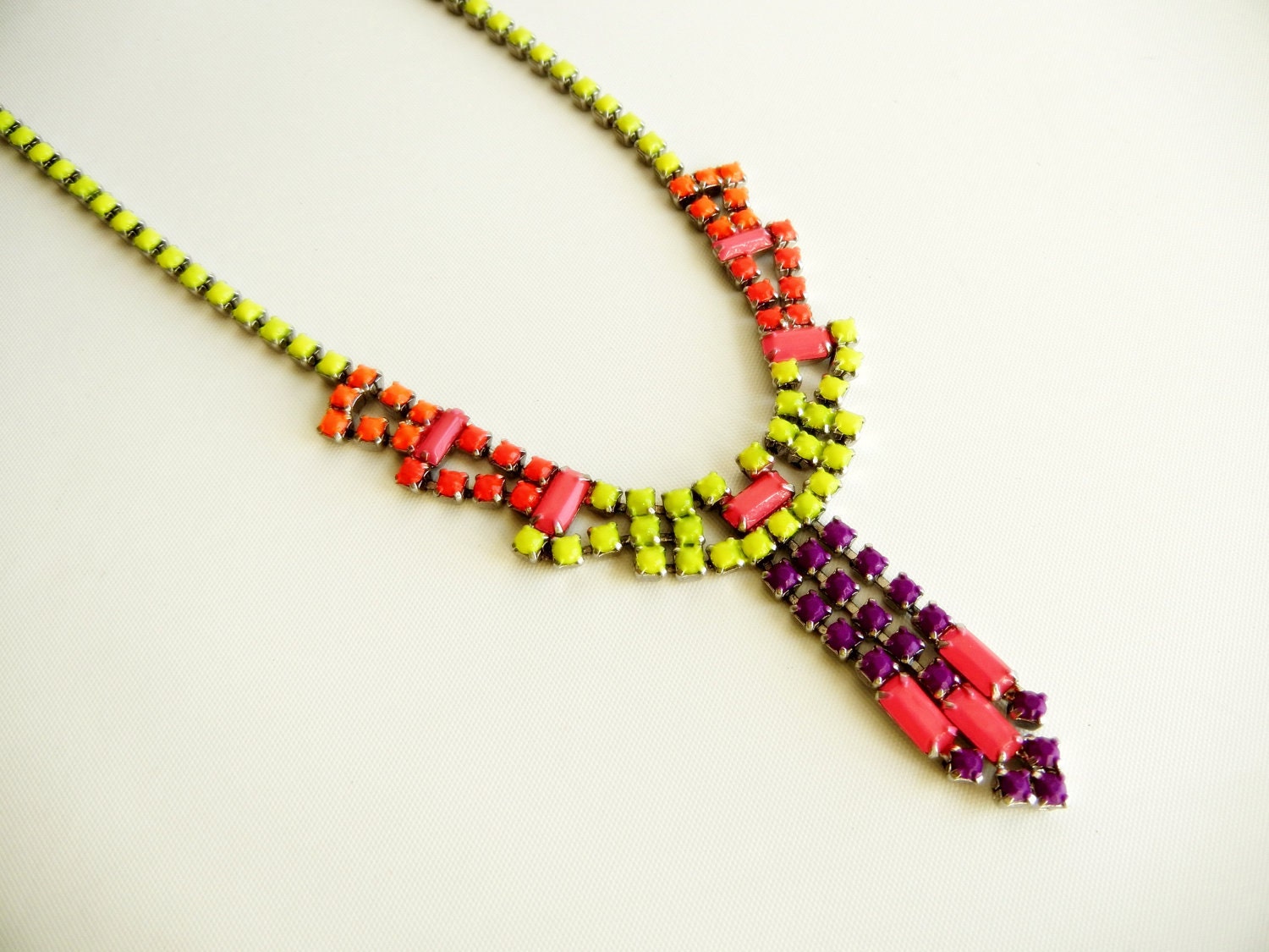 Vintage 1950s One Of A Kind Hand Painted Neon Rhinestone Necklace