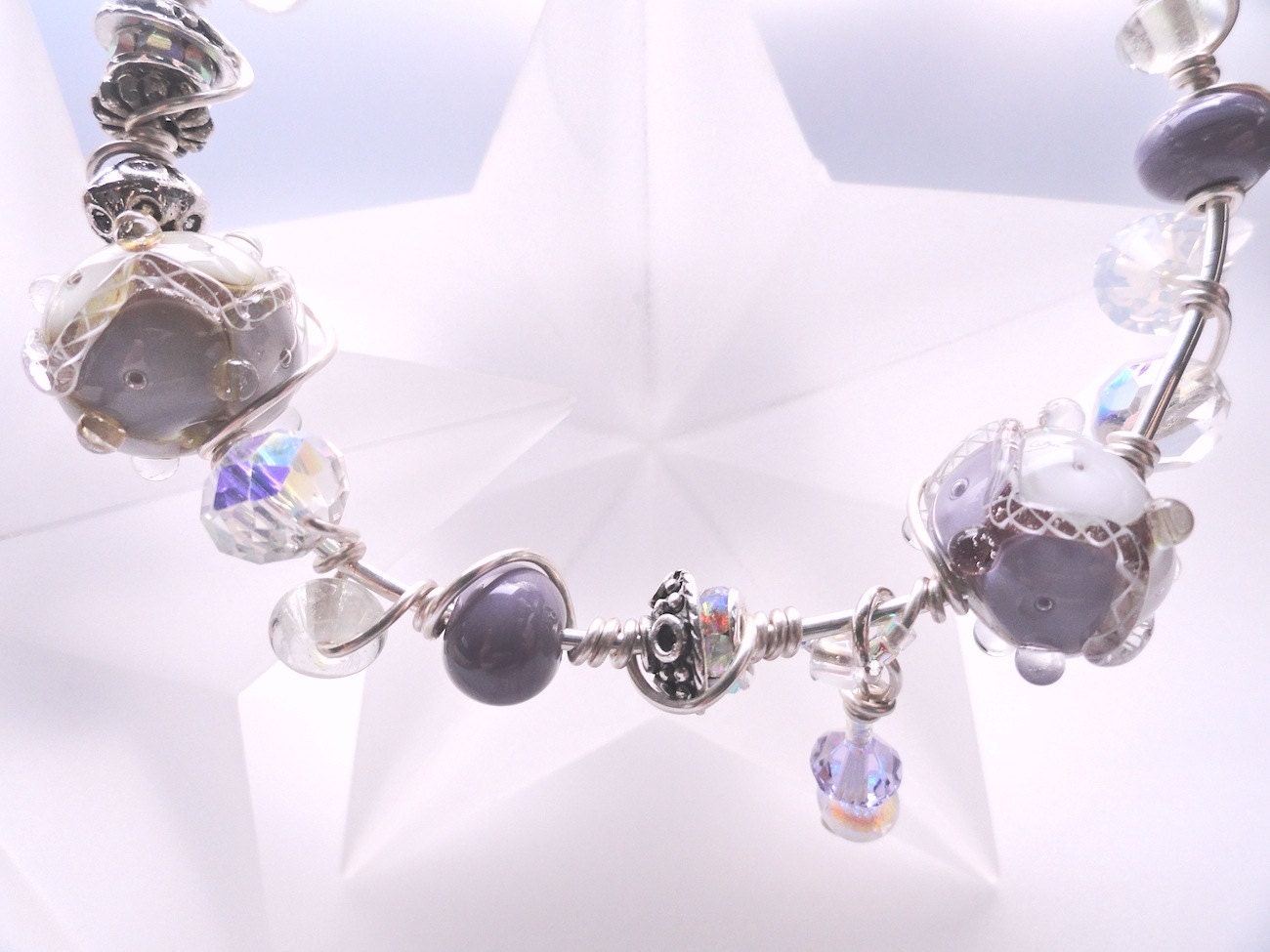 Whispers of Lilac Lampwork Bead Wire Wrapped SS Bracelet