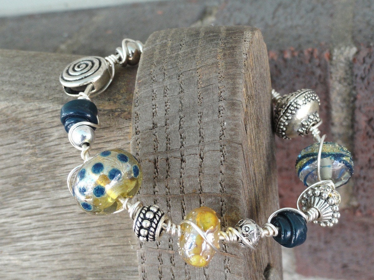 Yellow and Blue Polka Dot  Lampwork Bead Wire Wrapped Bracelet