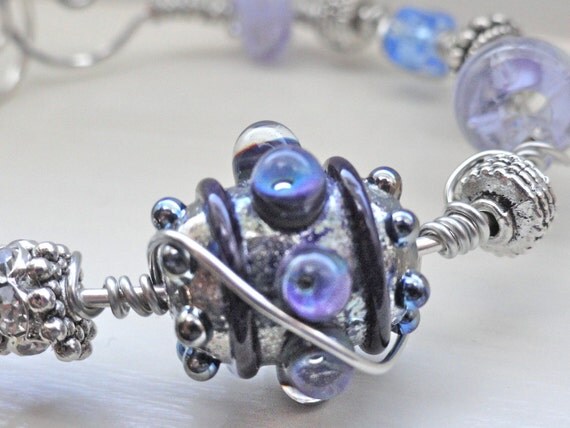 Royal Purple Lavender and Lilac Lampworkl Bead Wire Wrapped Silver Bracelet