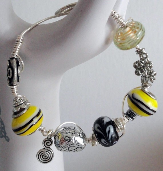 Sunshine Yellow and Black Lamp Work  Bead Wire Wrapped  Sterling Silver Bracelet