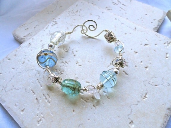 Water Colors Blue, Green and Teal Wire Wrapped Lampwork Bead Bracelet