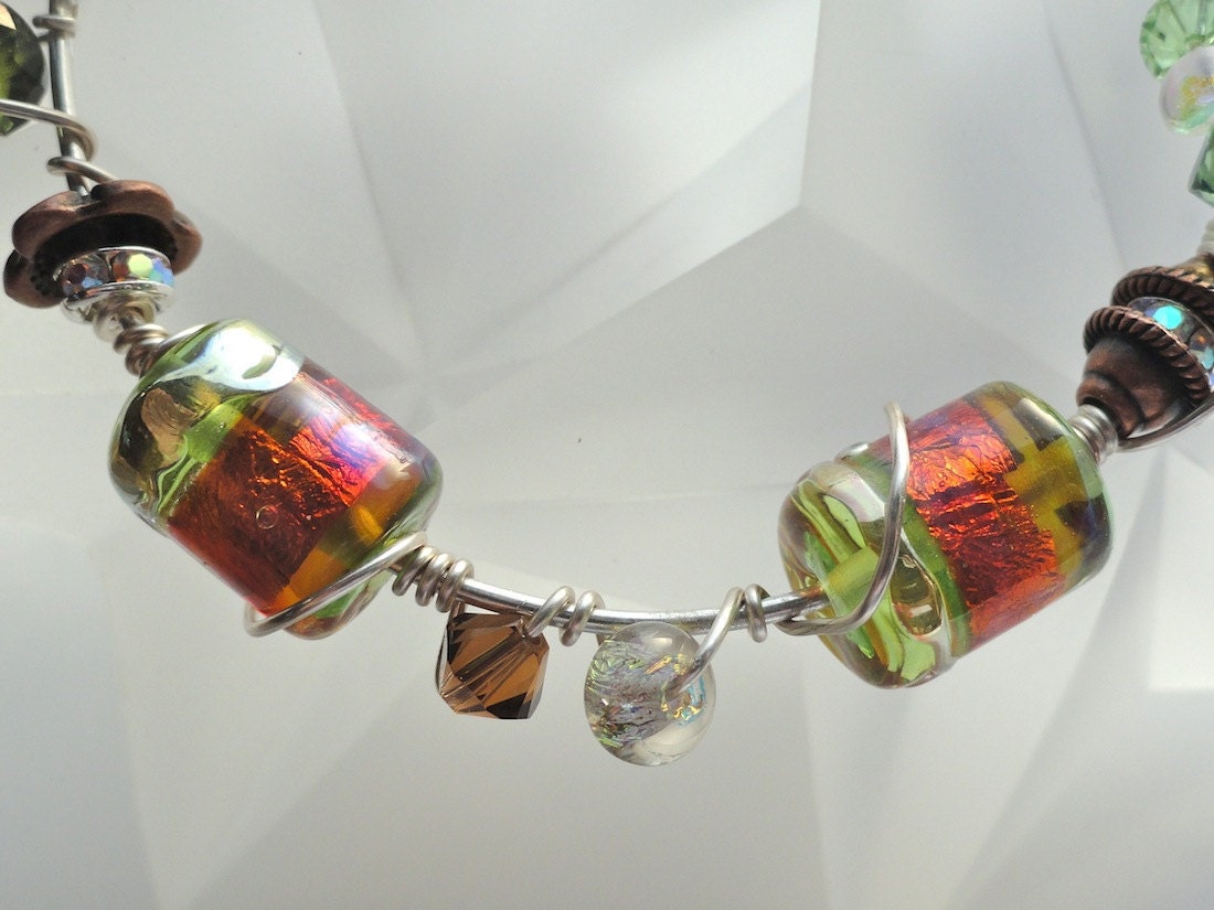 Spring Green & Bronze Wire Wrapped Lampwork Bead Sterling Silver Bracelet