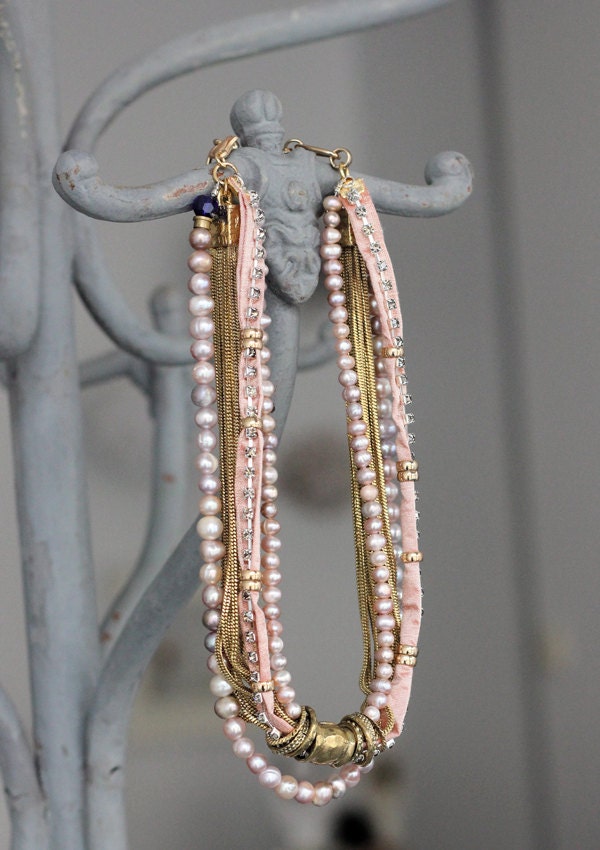 Wedding Statement Necklace with Pink Freshwater Pearls, Silk and Golden Chain