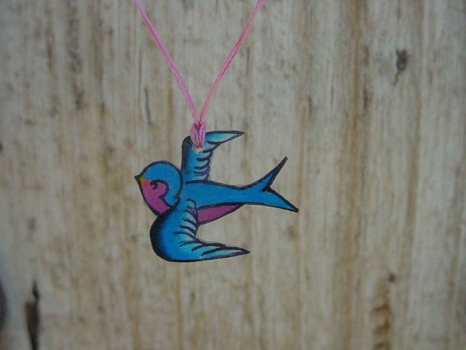 cute blue and pink tattoo songbird wish string necklace From wickedminky