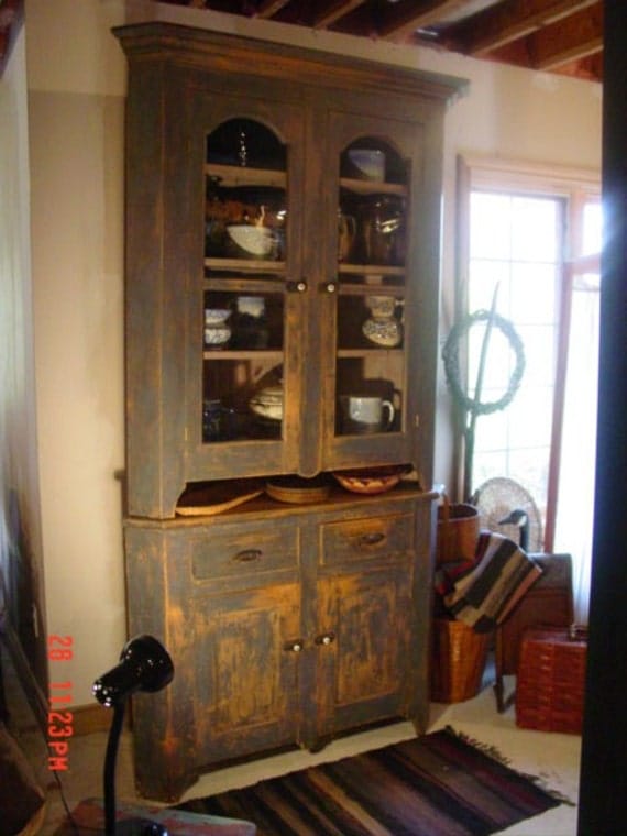 19th Century Blue Corner Cupboard  Two Pieces REDUCED