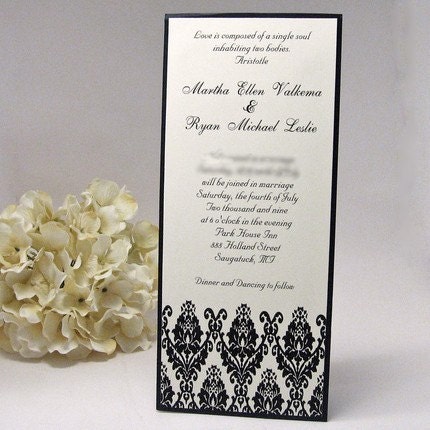 Black and Cream Damask Tea Length Wedding Invitation From mybluetulipdesign