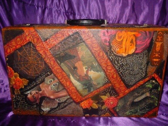 Vintage wood/leather Collage 1920's Witches Night Suitcase by recycled artist C. Reinke