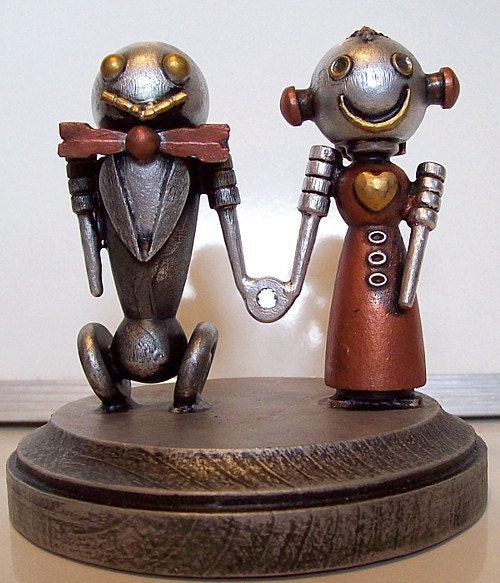 Robot Bride and Groom Wedding Cake Topper Classic V2 with Red Dress Holding 