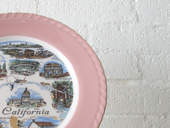 Vintage California Plate / Travel Souvenir in Pink / Gold