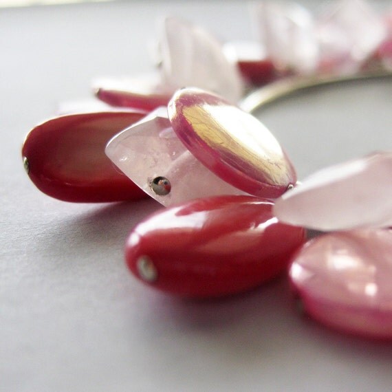 OOAK - Mother of Pearl and Rose Quartz Bangle Bracelet in Bubble Gum Pink