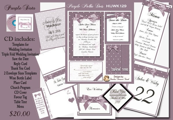 Delux Purple Polka Dot Wedding Invitation Kit on CD From Printnthings