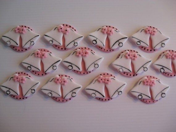 Fondant Cupcake Toppers Wedding Bells Pink Hand Made and Hand Painted 