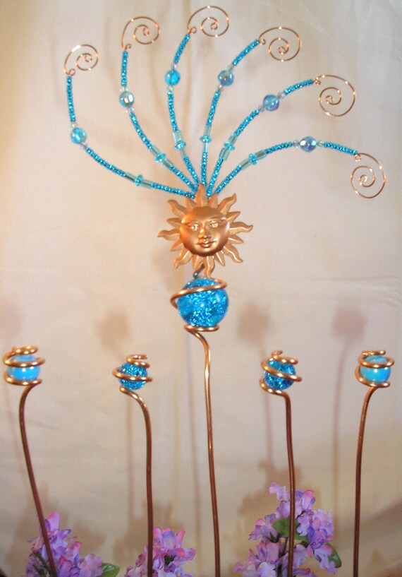 copper glass and beads sun burst yard art garden stake