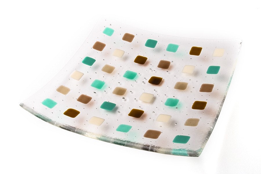 Teal and Tan Squares Fused Glass Bowl From BlueFairyDesigns