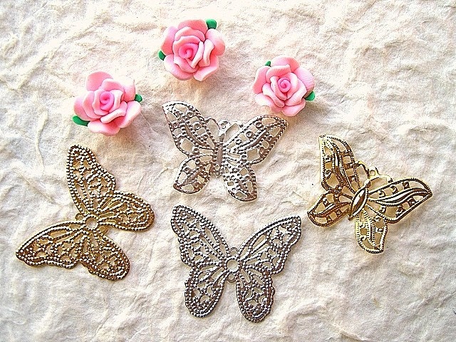 Cute Japanese Cabochons - Pink Roses and Butterfly SILVER and GOLD
