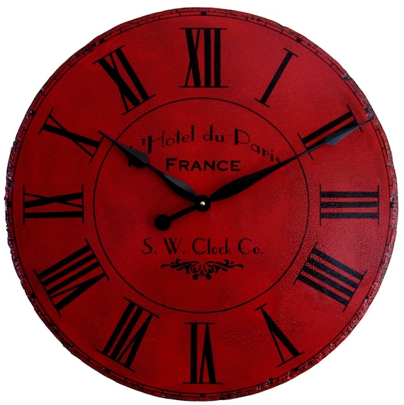 30 in Large Wall Clock Paris Hotel - Roman Round Antique Style Red Big Tuscan