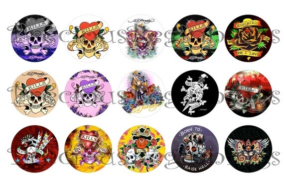 Ed Hardy Tattoo Style Assortment of 1 Inch Circle Digital Images for Bottle