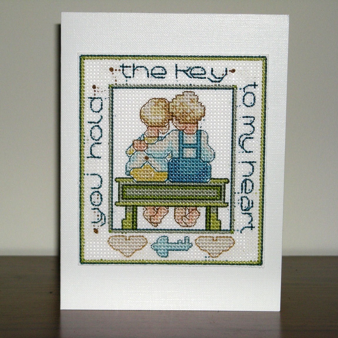 Key to my Heart - Love Valentines Hearts couples Handmade Cross-Stitched card