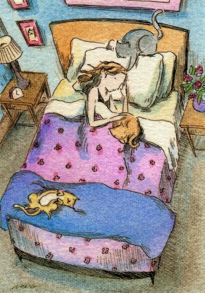 Limited Edition Hand Painted ACEO ---- ---- ---- Bed Full of Cats