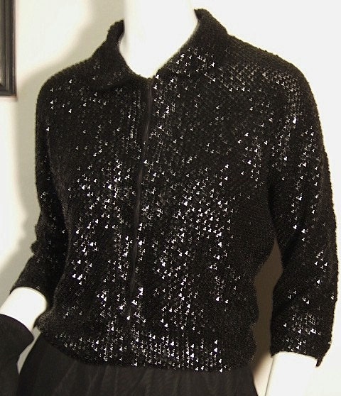 Reserved for atomicgirl56 Bad Girl Sparkle Midnight Black 50's Sequin Wool Sweater Jacket Rockabilly Gothic Pin-Up Fully Sequined Cardigan S M