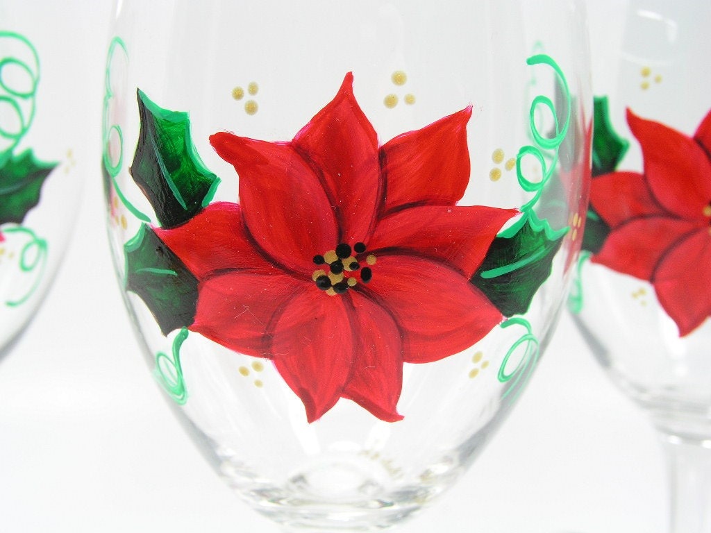 Beautiful Red Poinsettia Hand Painted Christmas Wine Glasses