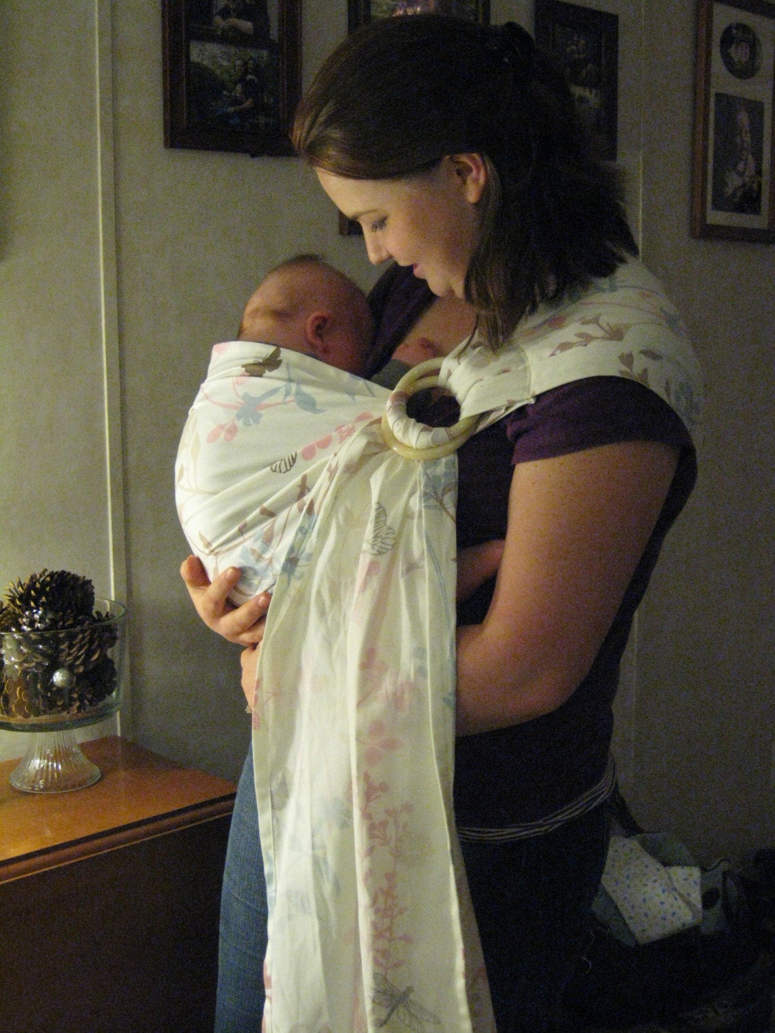 HandMade by Cole Baby Sling with Rings Style is Cream White with floral Fully Adjustable and Pleated Shoulder