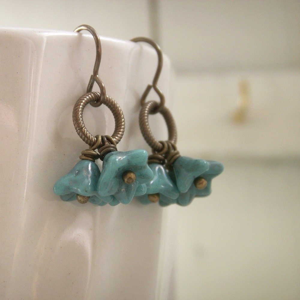 Spring Bouquet  - Turquoise colored Czech Glass Flowers on Antiqued Brass