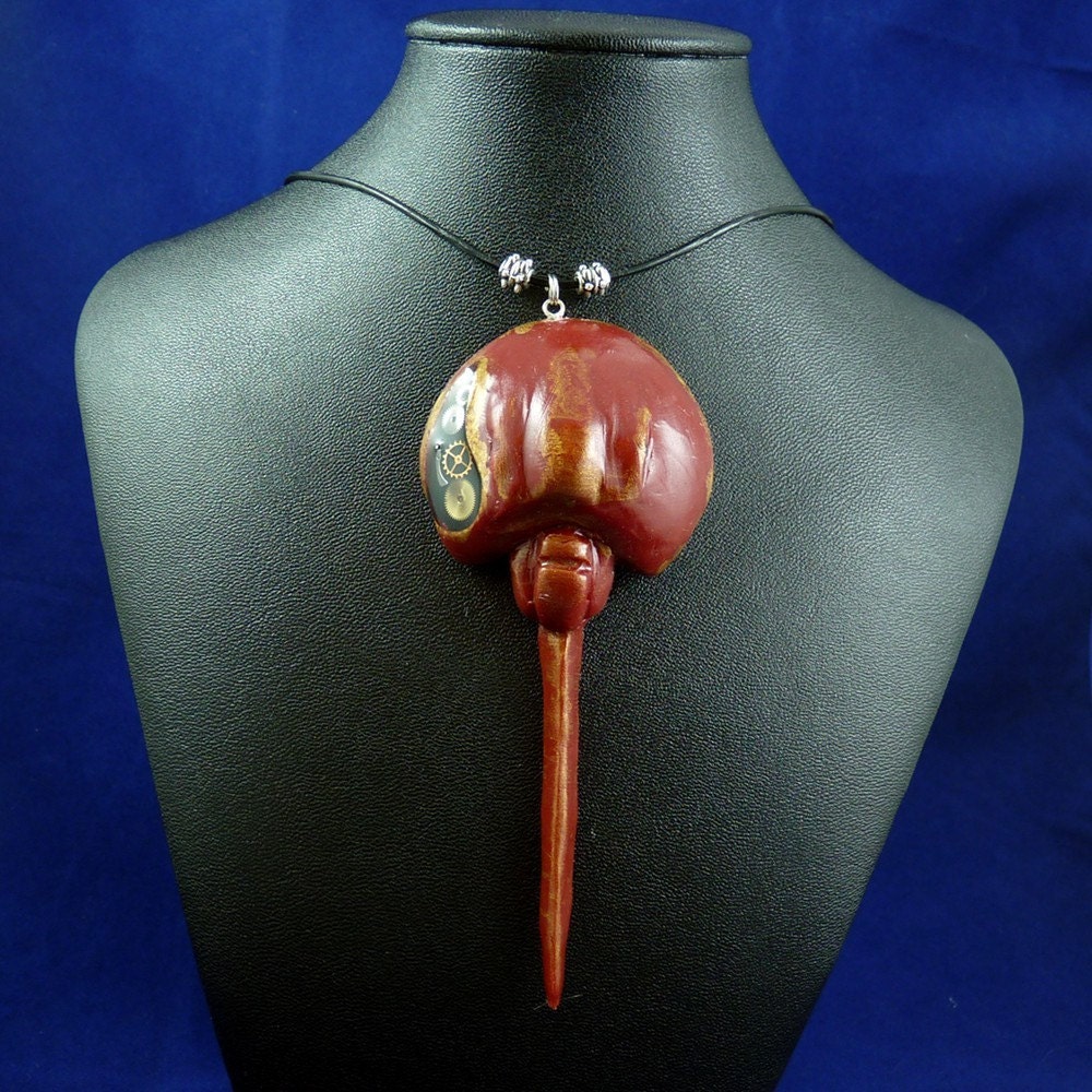 Gilded Steampunk Horseshoe Crab Necklace - Polymer Clay Sea Life Jewelry