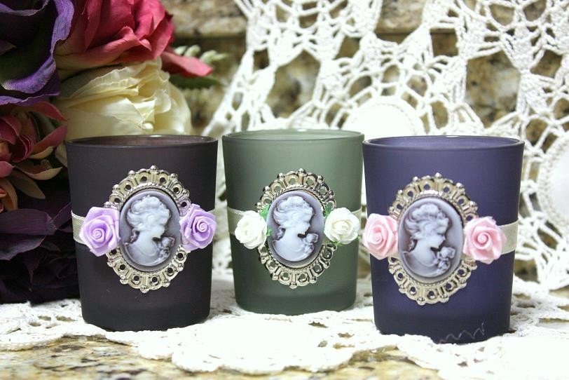 Candle holder frosted glass altered with a cameo and roses