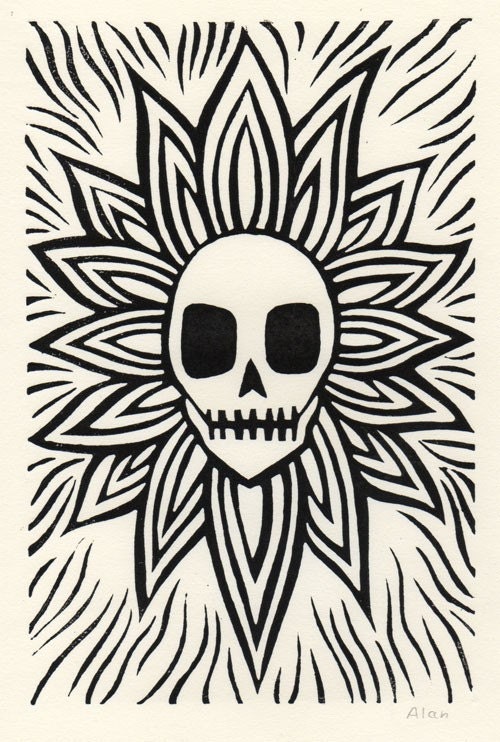 Flaming flower skull. Linocut