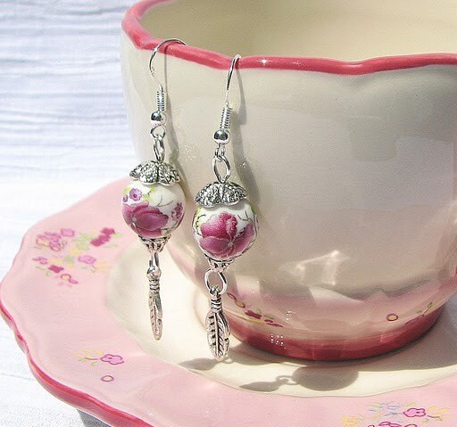 Chinese Porcelain Vintage Rose Earrings with Sterling Silver Hooks