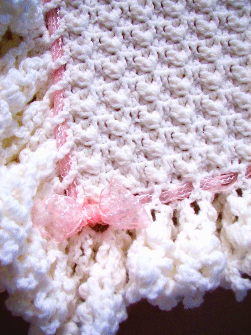 Precious Keepsake Baby Blanket Crocheted in White Puffy Hearts and Ruffles with Pink Ribbon- Holiday Sale