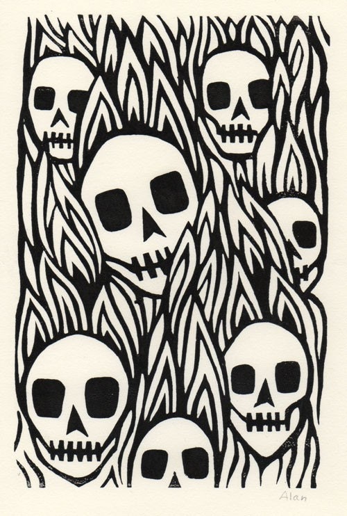 Skull skull skulls. Linocut
