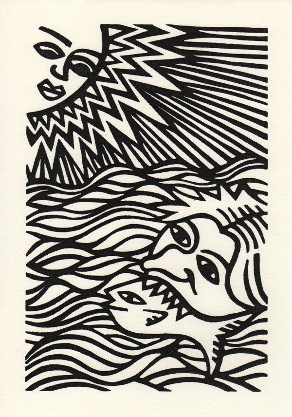 Gone fishing. Linocut