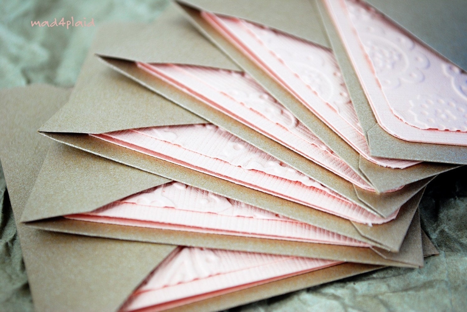 Blank Mini Card Set of 6, Light Peach Tone on Tone Embossed, with Mocha Metallic Envelopes Handmade Paper Goods by mad4plaid on Etsy