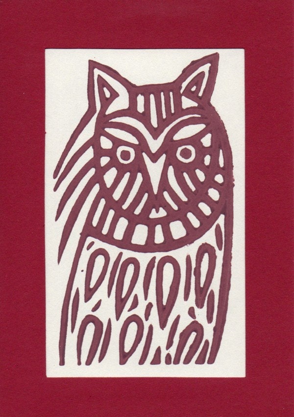 Red Owl. Linocut. Greeting card
