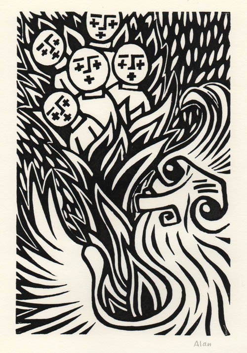 Burn them all. Linocut