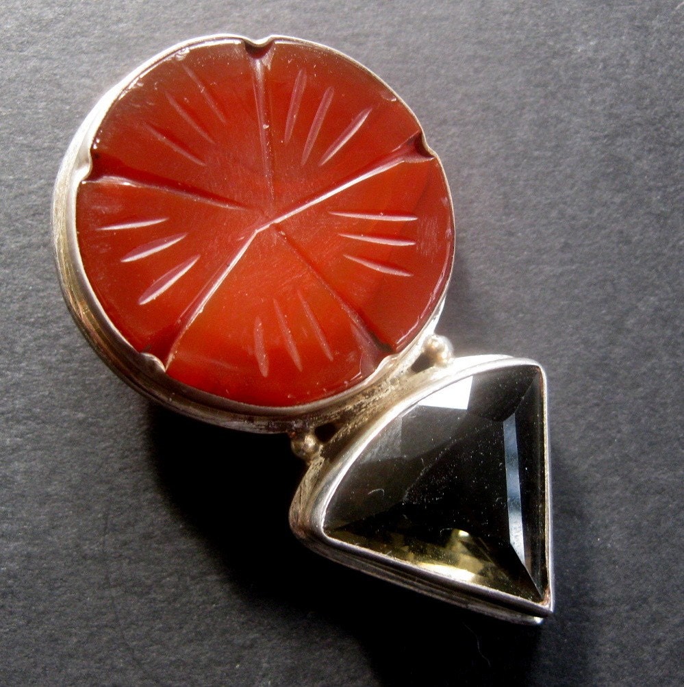 Large Vintage CARNELIAN ,Sterling SILVER and Smoky TOPAZ Pendant