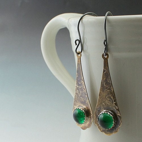 Mixed Metals Sterling Silver Brass Glass Dangle Earrings Light Weight Handmade by KimV