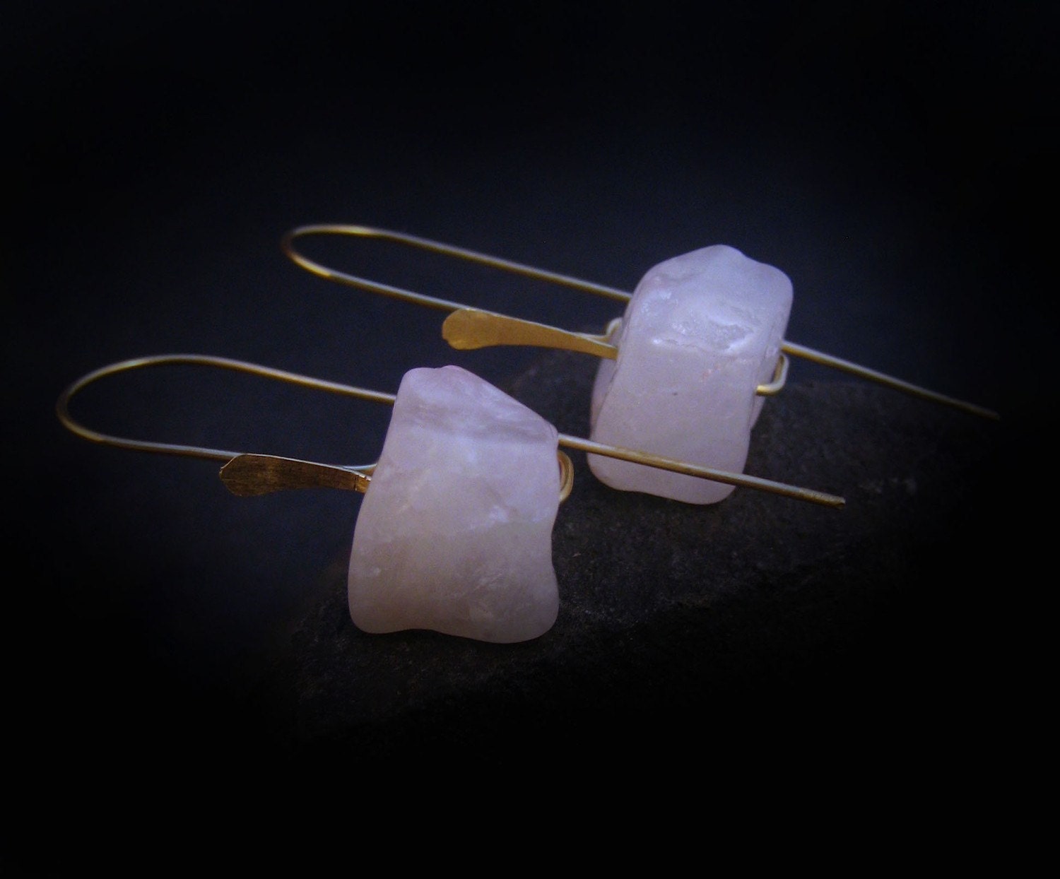 HEWN ROSE NUGGETS earrings of rose quartz and raw brass