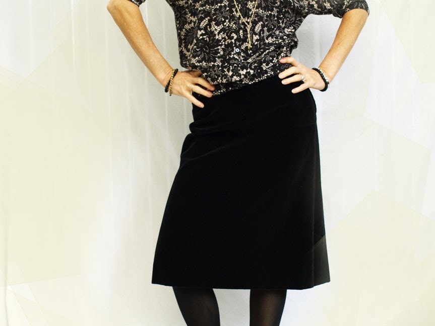 Vintage 1970s Black Velveteen A-Line Skirt Classic