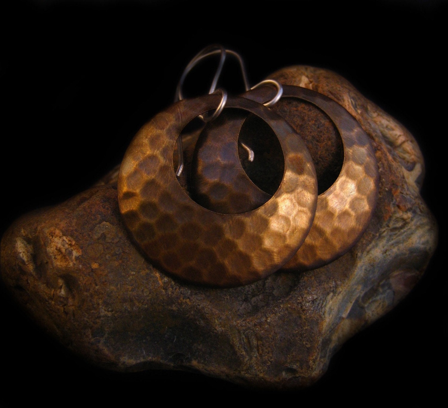 SWANKY BRASS HOOPS earrings of hammered brass and sterling silver