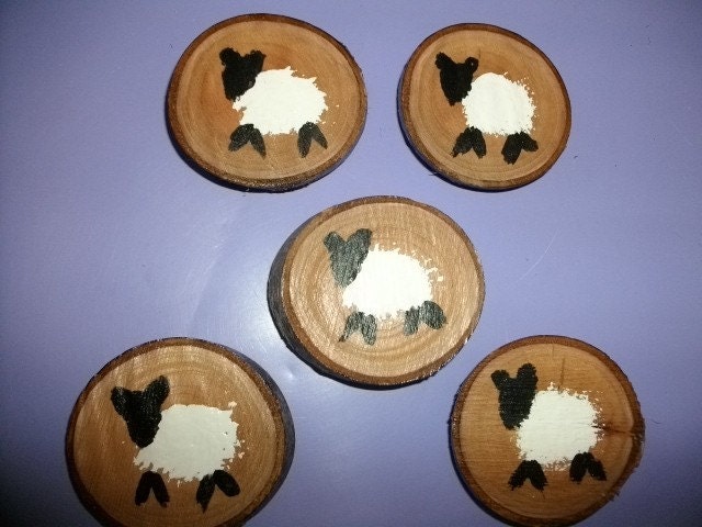 Sheep Magnet Folk Art Painted Sheep on Cherry Wood