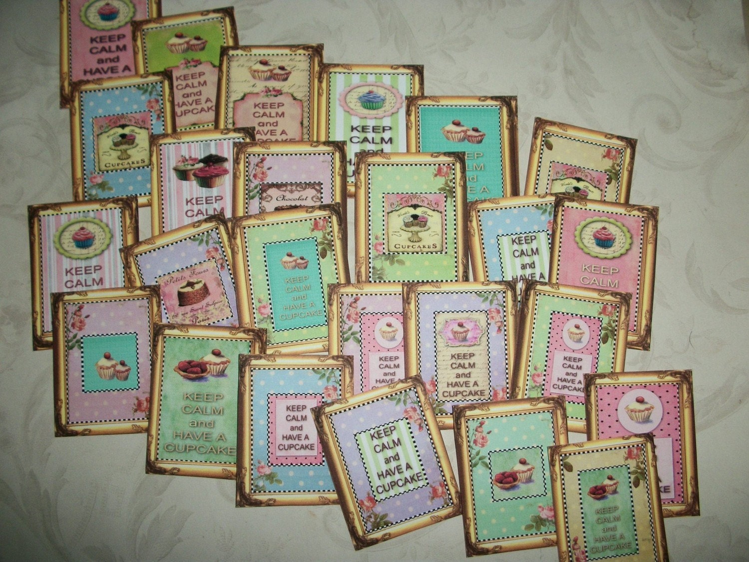 MINIATURES - KEEP CALM - Have a cupcake -Set of 25 uncut - Your choice of stickers or cardstock -an organza gift bag is included - A 37