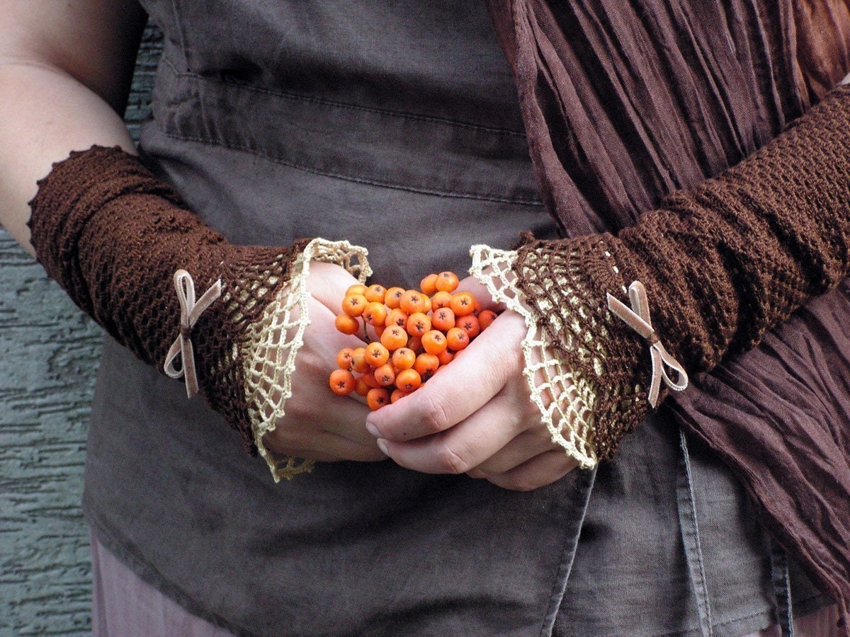 Miss Eyre - crocheted open work lacy wrist warmers cuffs