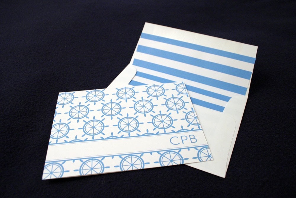 Ahoy There - Nautical themed greeting card set with striped envelope liner